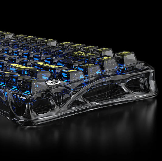 Multiple transparent gaming keyboards with blue lighting on a black background