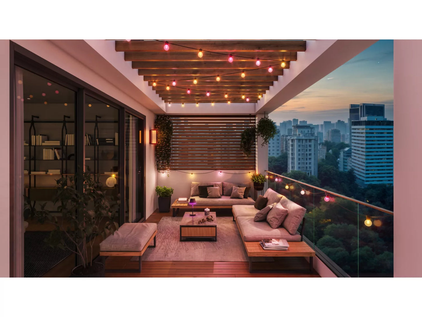 Modern outdoor living space with a cityscape view at dusk and hue outdoor string lights