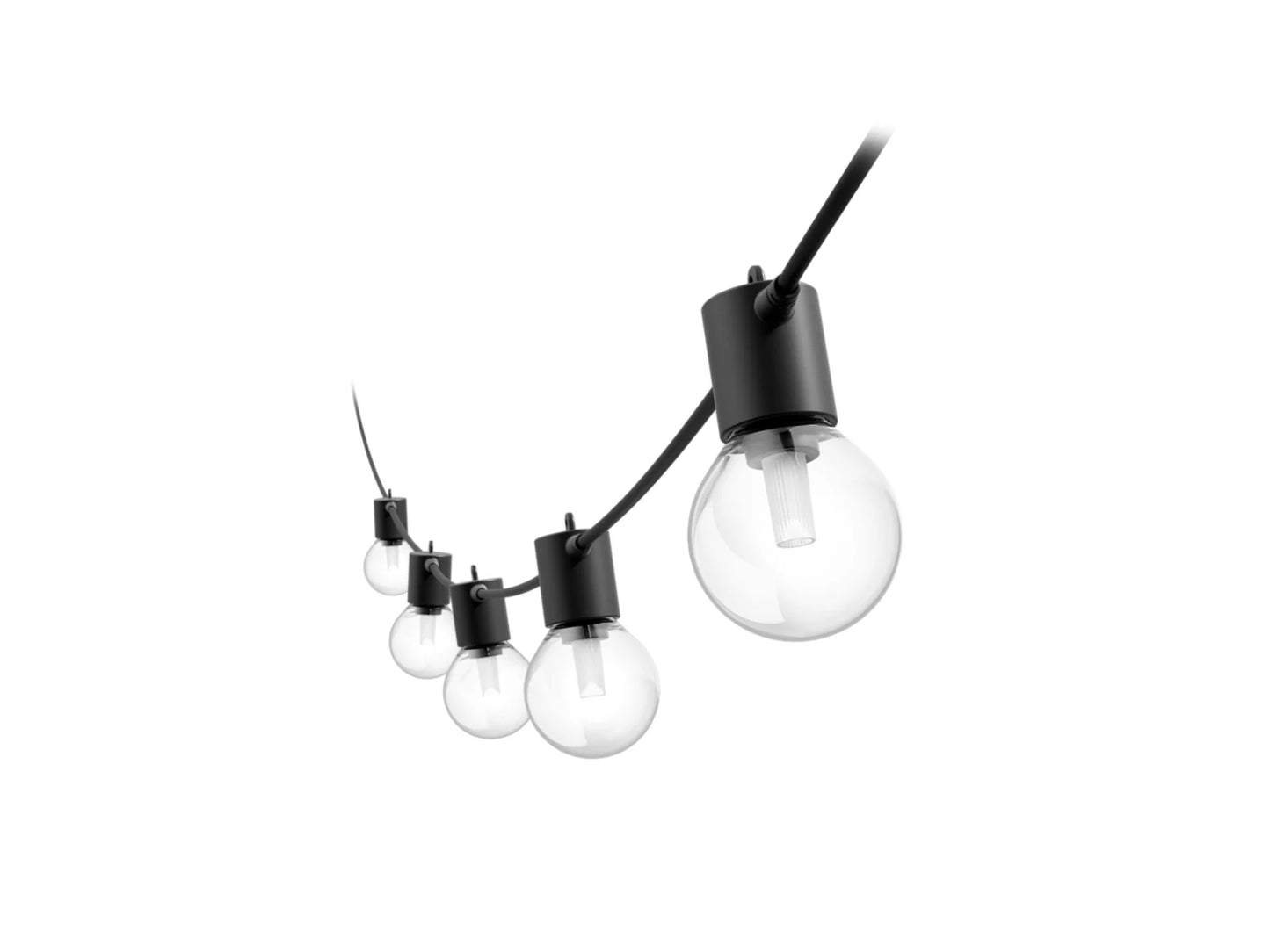 hue String of clear light bulbs with black connectors on a white background