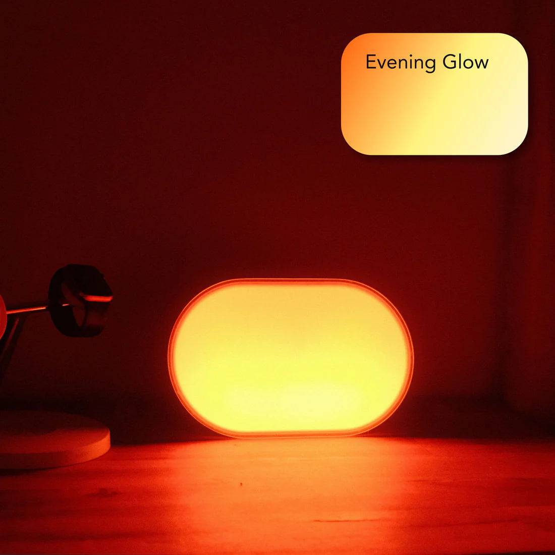 Rectangular light emitting a warm glow on a dark surface with 'Evening Glow' label above.