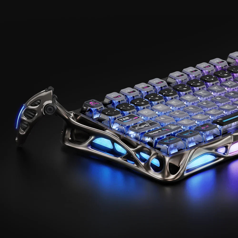 Glowing blue keyboard with metallic frame on a dark background