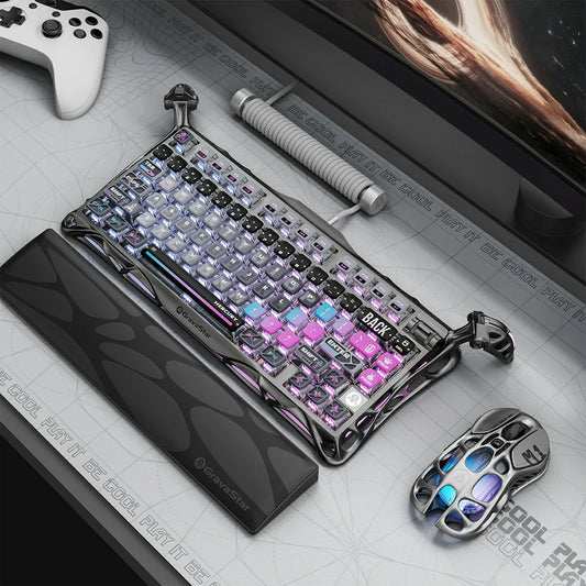 Mechanical keyboard and mouse on a desk with gaming accessories