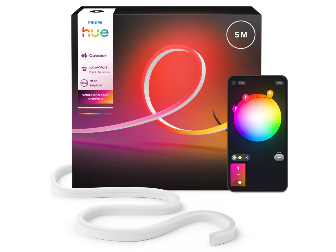 Philips Hue LED strip packaging with smartphone displaying color options on a white background