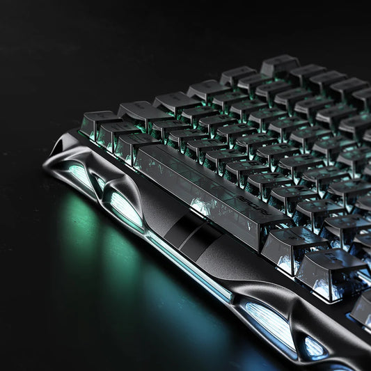 Gaming keyboard with green backlighting on a dark background