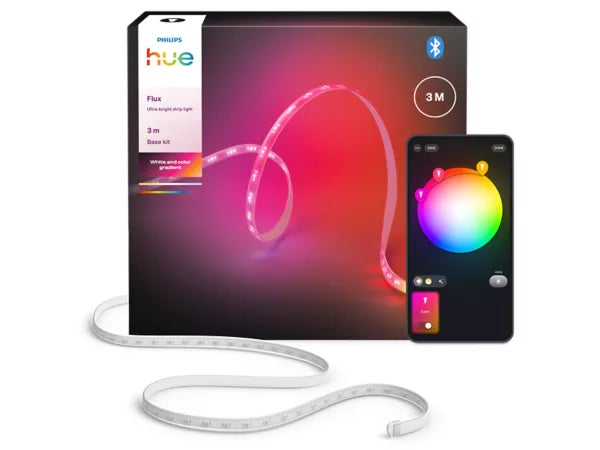 Philips Hue LED strip light set with packaging and smartphone app on a white background