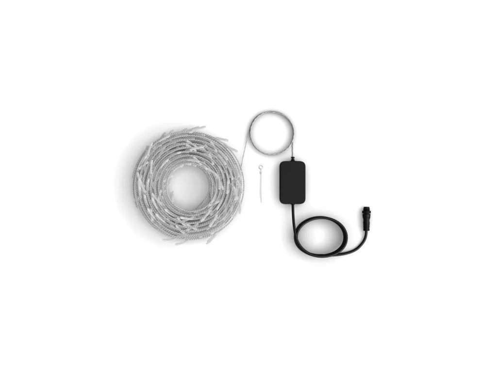 Coiled Philips Hue Festavia Curtain Lights with the black in-line controller and cable on a white background.