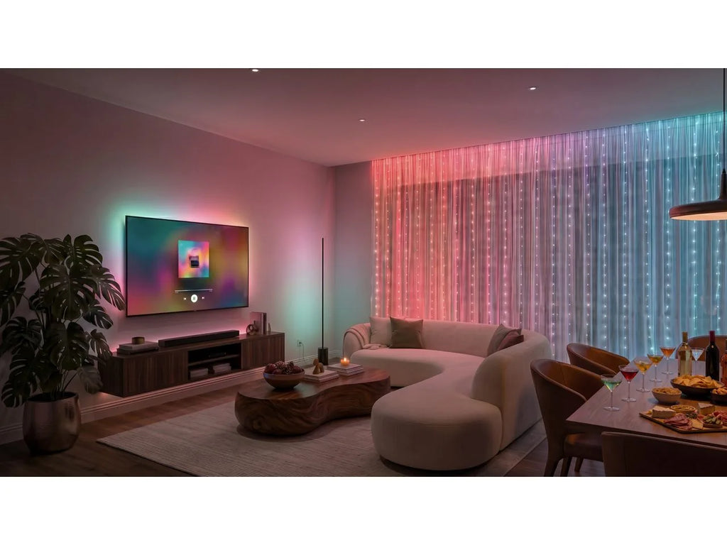 Modern living room with Philips Hue Festavia Curtain Lights showing a pink and blue colour gradient across the windows, next to a TV and dining table.