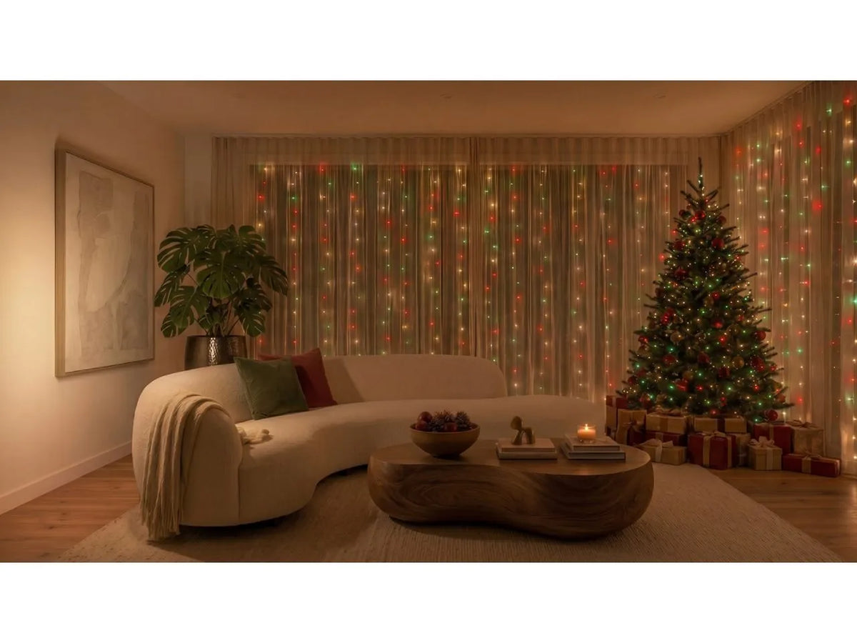 Living room at Christmas with Philips Hue Festavia Curtain Lights glowing in red, green and warm white behind a curved sofa and a decorated Christmas tree.