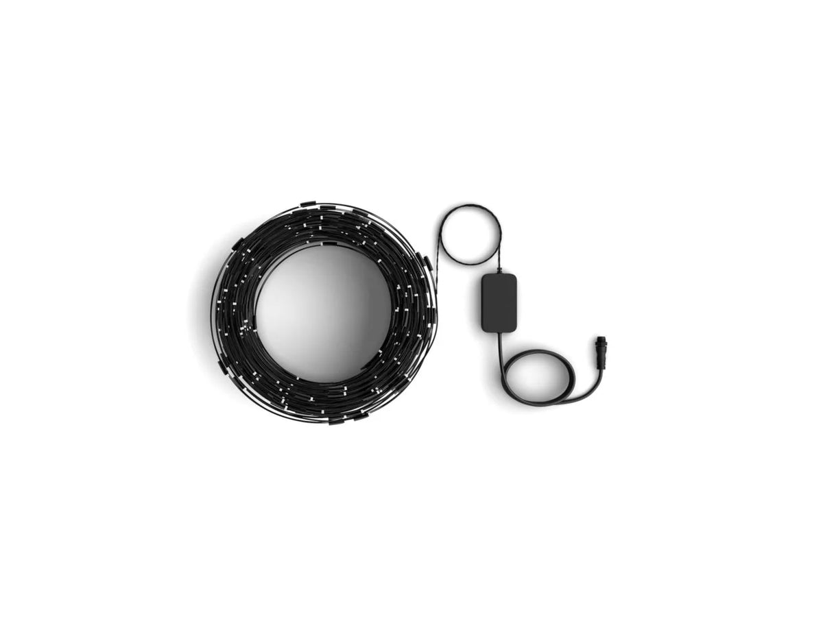 Coiled Philips Hue Festavia Net Lights on black cable with the in-line controller on a white background.