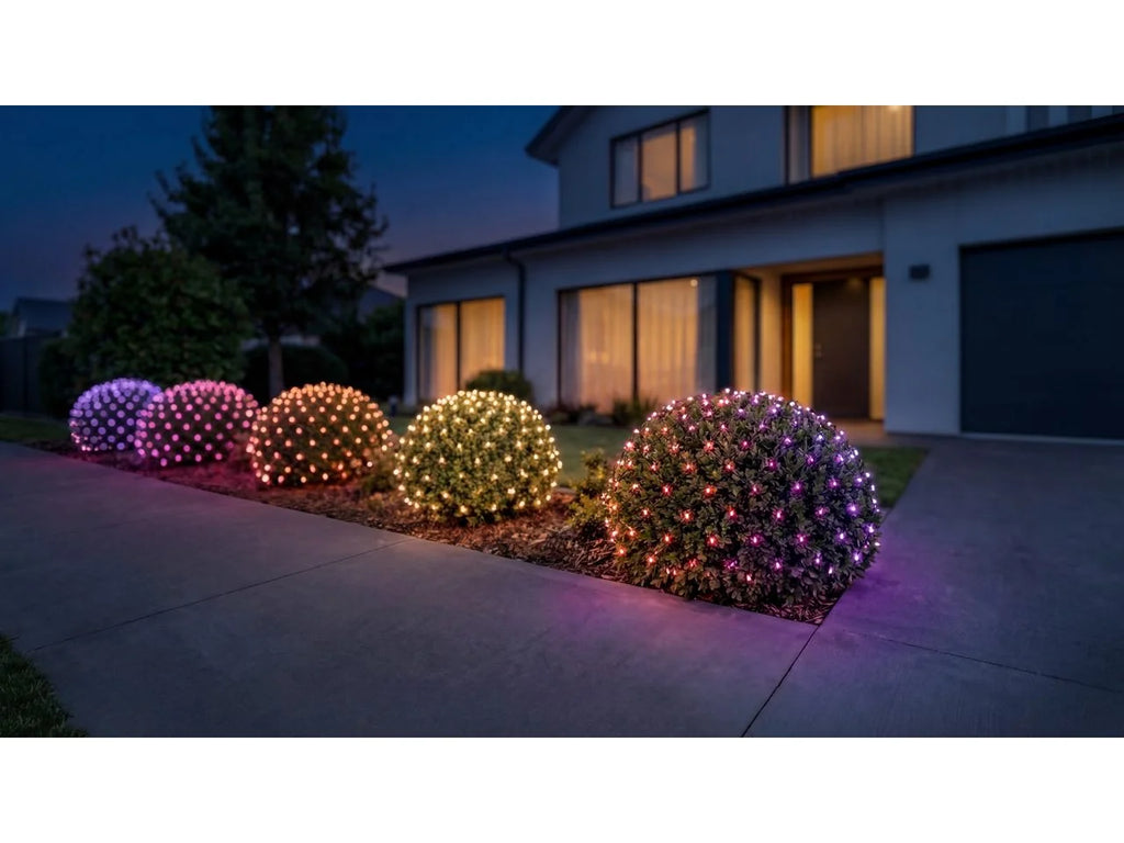 Front garden at night with Philips Hue Festavia Net Lights covering a row of round shrubs in purple, pink, orange and warm white.