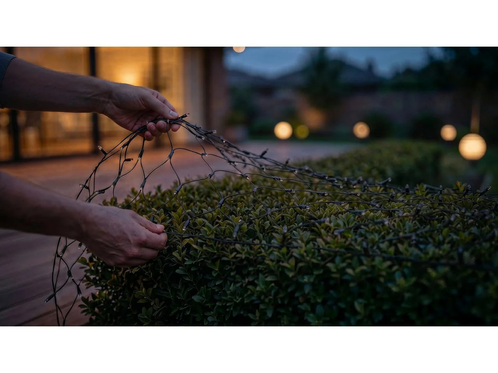 Philips Hue Festavia Net Lights being draped over a hedge