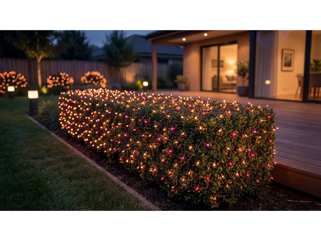 Garden at dusk with Philips Hue Festavia Net Lights draped over a long hedge beside a timber deck, glowing in warm white with pops of pink.