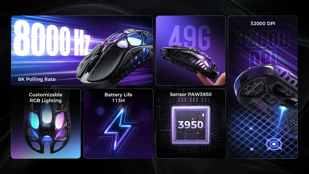 Gaming mouse with specifications on a dark background