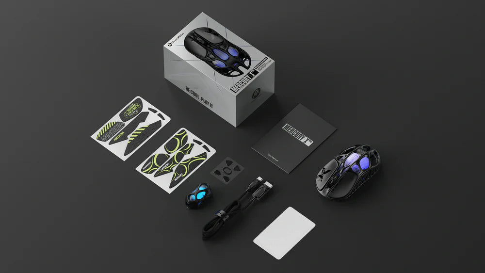 Gaming mouse and accessories on a dark surface with 'Razer' branding.