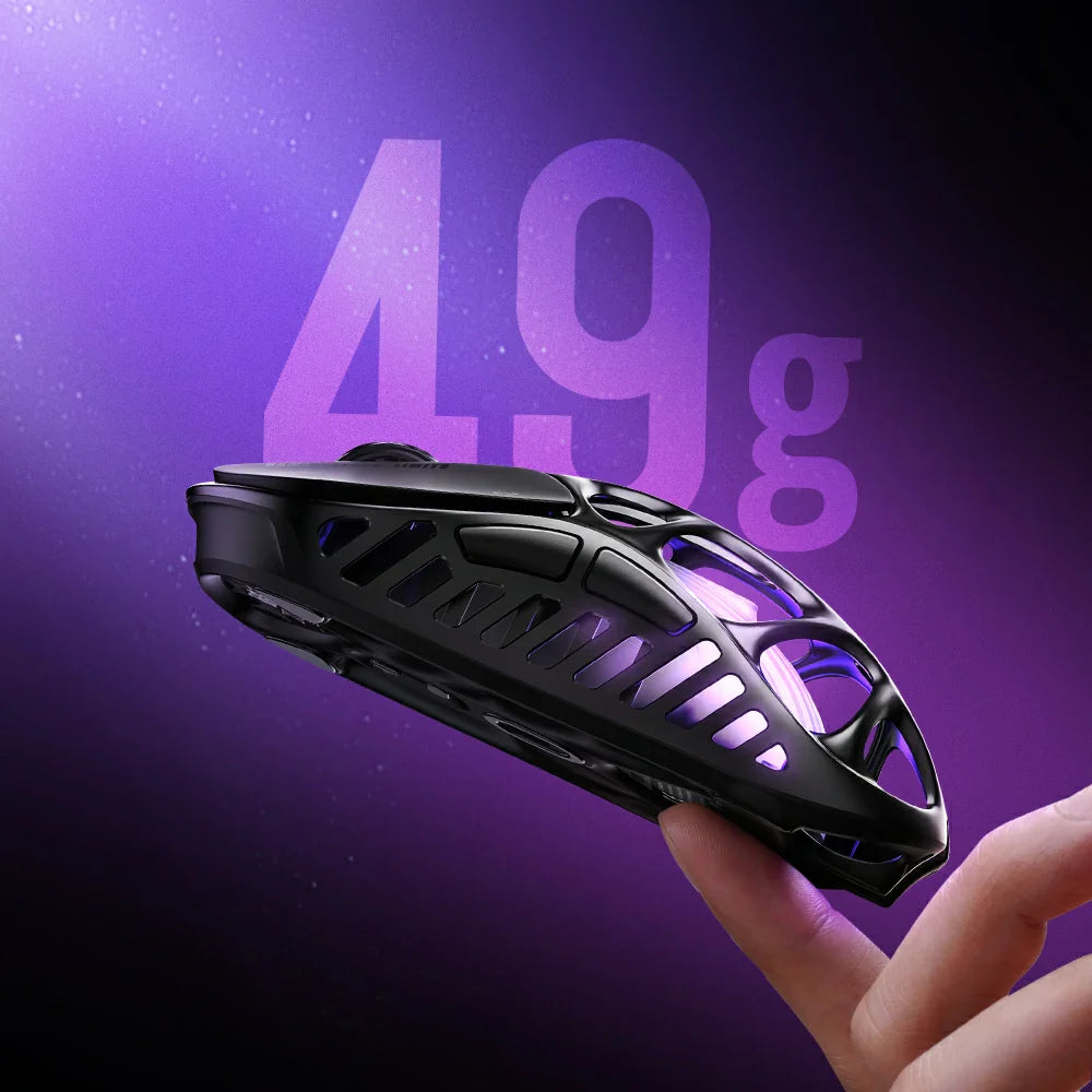 Black gaming mouse held by a hand with '49g' text on a purple background