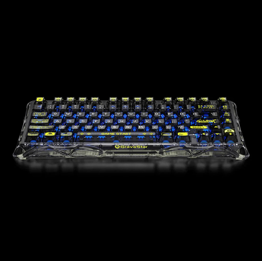 Mechanical keyboard with blue and yellow keys on a black background