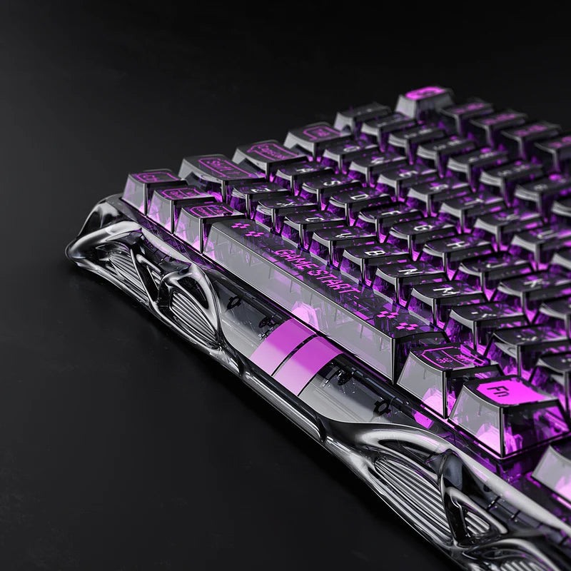 Glossy keyboard with purple backlighting on a black background