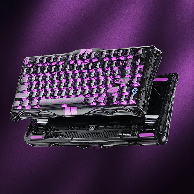 Mechanical keyboard with purple backlighting on a purple background