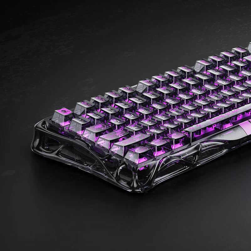 Gaming keyboard with purple backlighting on a dark background