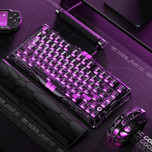Purple LED keyboard and mouse on a matching mat with 'Ge Cool' branding.