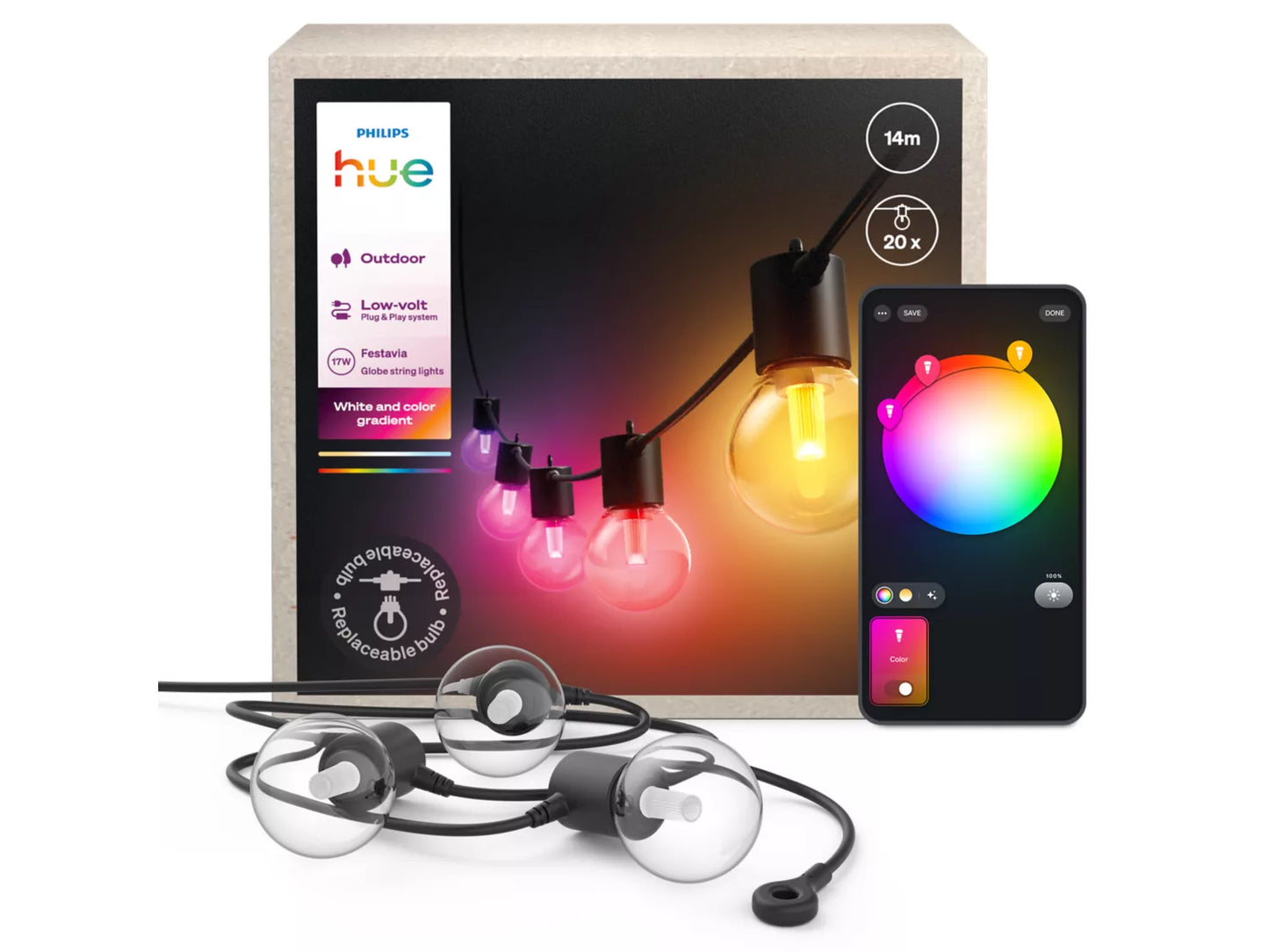 Philips Hue outdoor lighting system with smart phone app on a white background