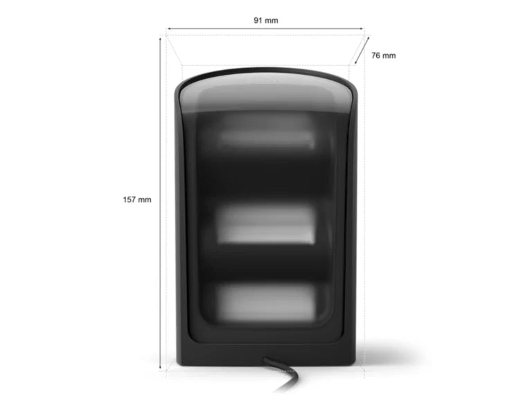 Black rectangular device with dimensions labeled on a white background