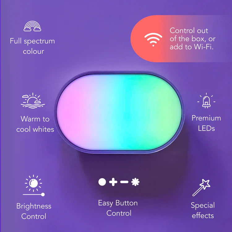 Smart light strip with color-changing capabilities on a purple background