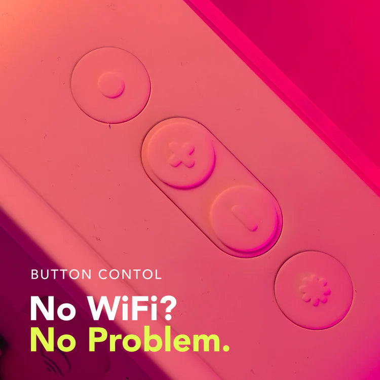 Close-up of a pink electronic device with buttons and text 'No WiFi? No Problem.'
