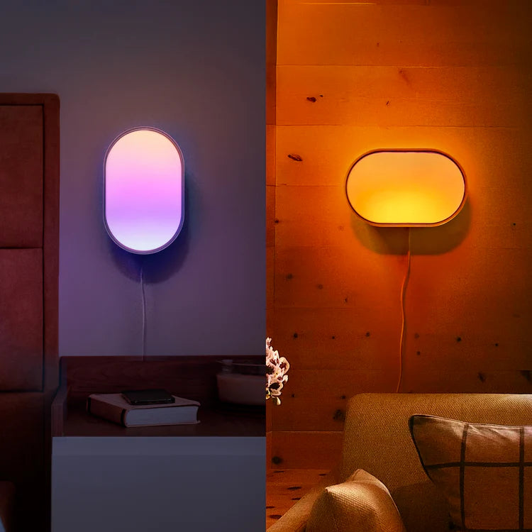 Two wall lights in different settings: one on a purple wall, the other on an orange wall.