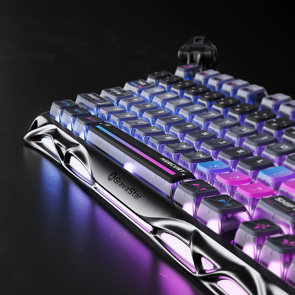 Glowing mechanical gravastar keyboard with RGB lighting on a dark background