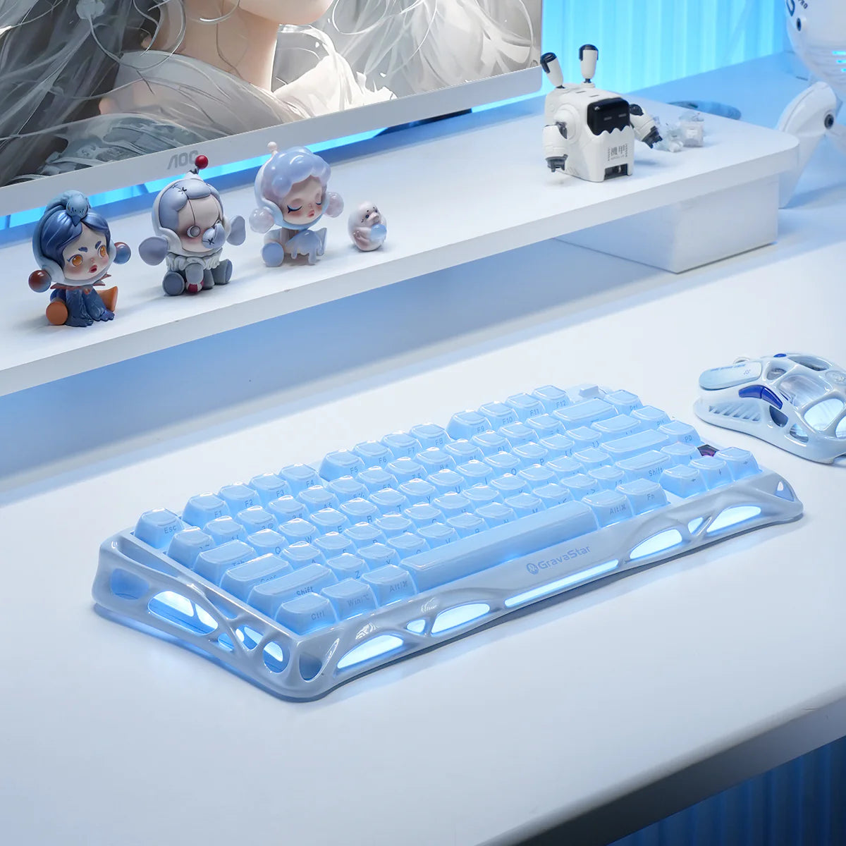Blue mechanical keyboard on a white surface with decorative items in the background
