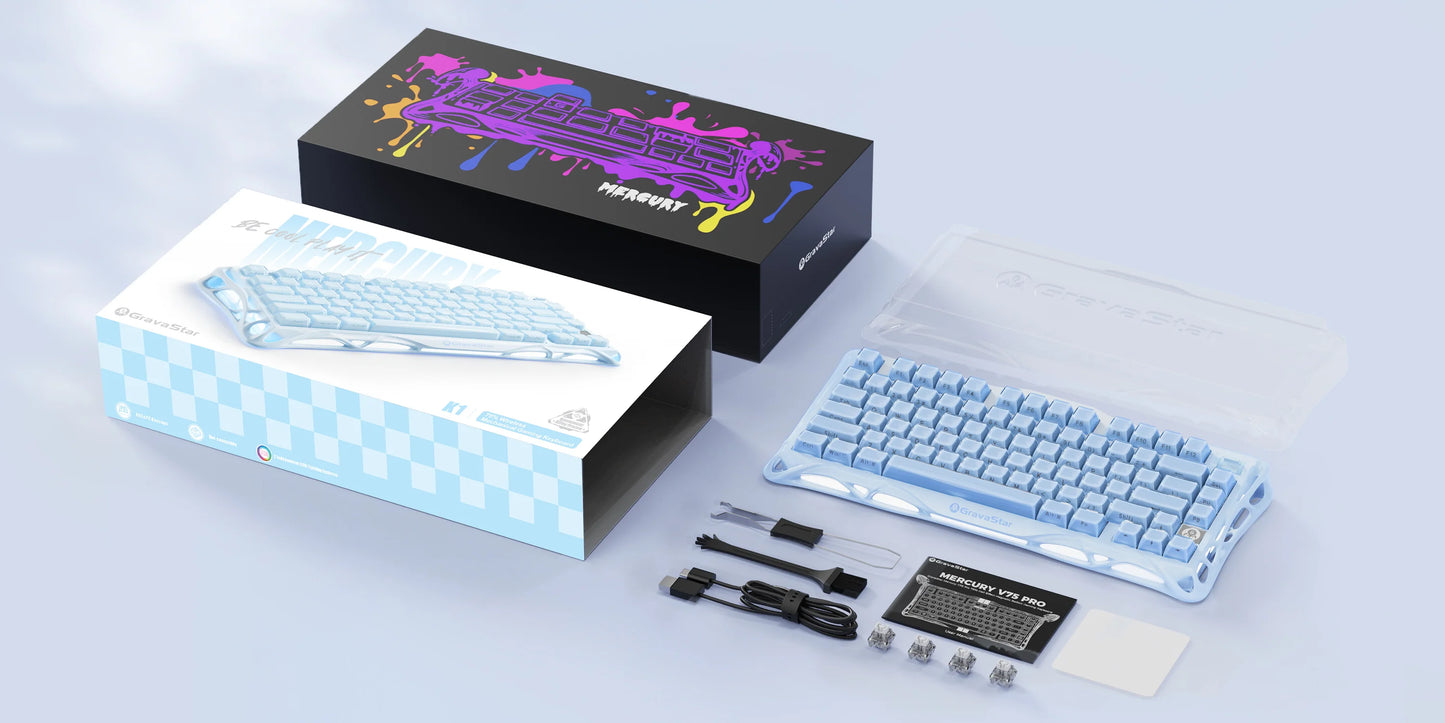 Keyboard kit with components and packaging on a light gray background
