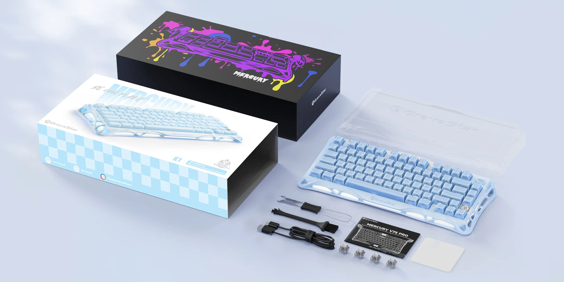 Keyboard kit with components and packaging on a light gray background