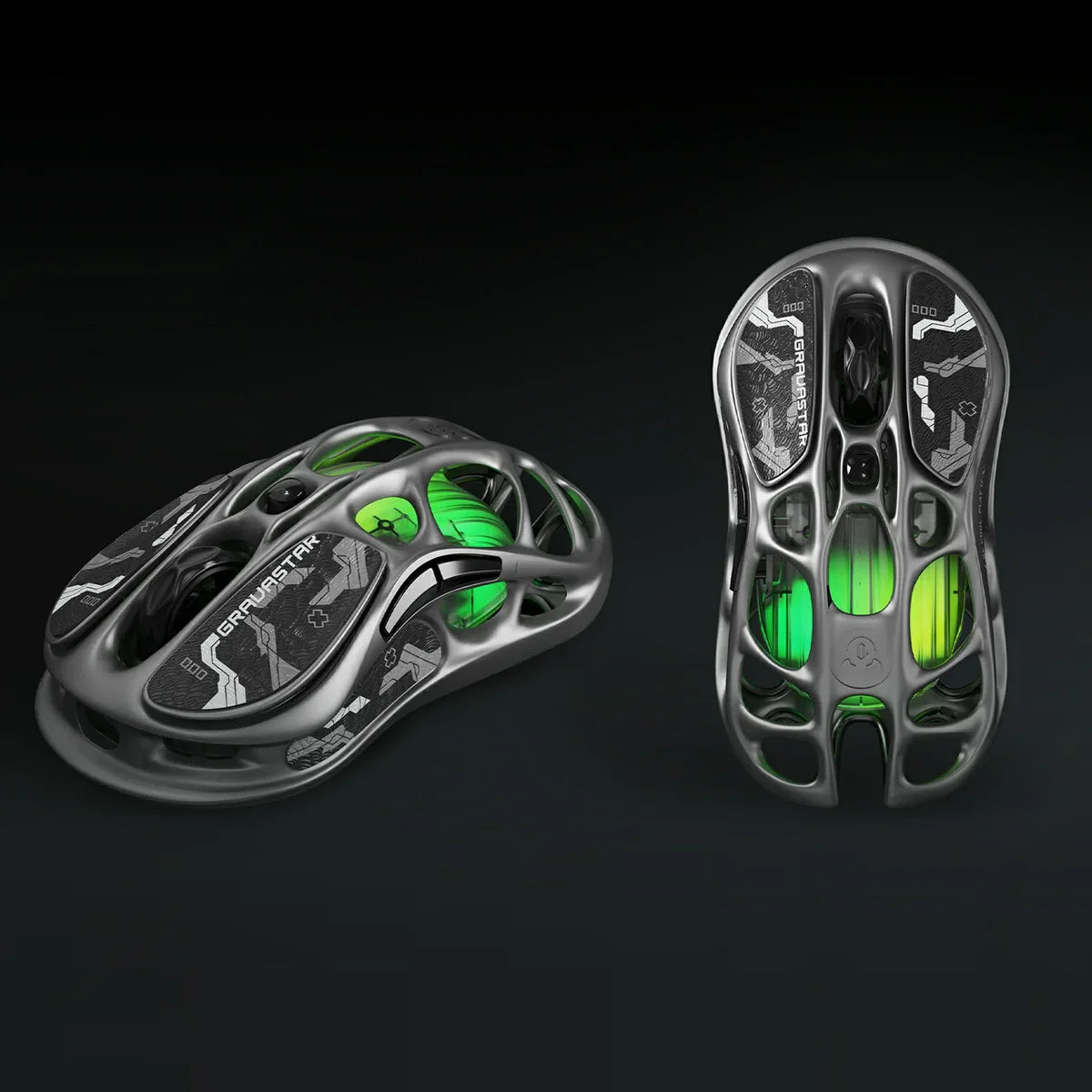 Two black and green high-tech devices on a dark background