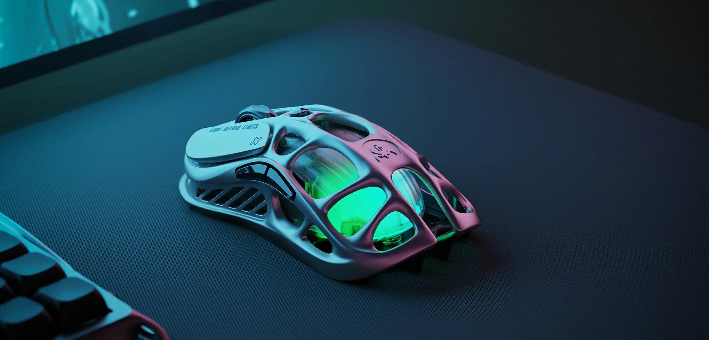 Futuristic gaming mouse with glowing green accents on a dark surface