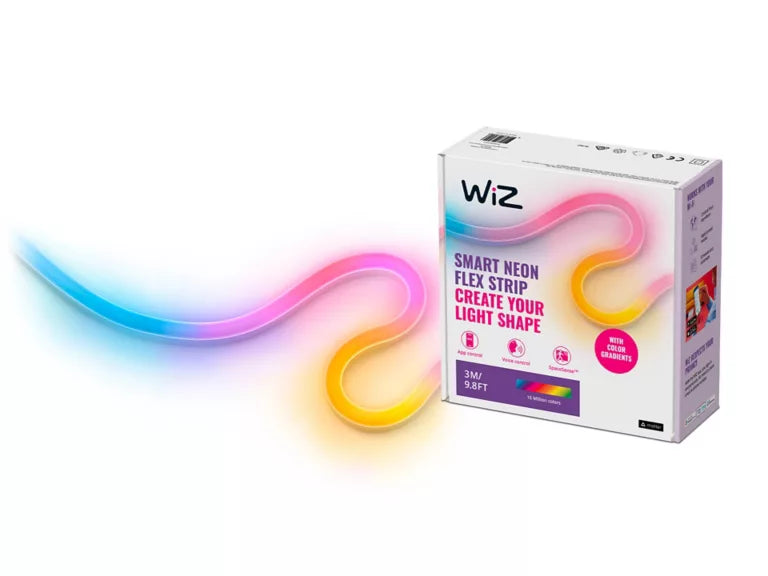 Wiz smart neon flex strip packaging with colorful LED strip on a white background