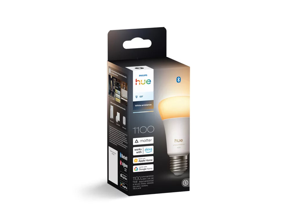Philips Hue smart light bulb packaging on a white background