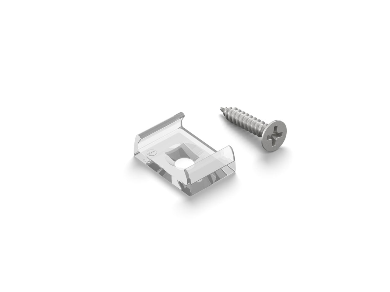 Metal clip and screw on a white background