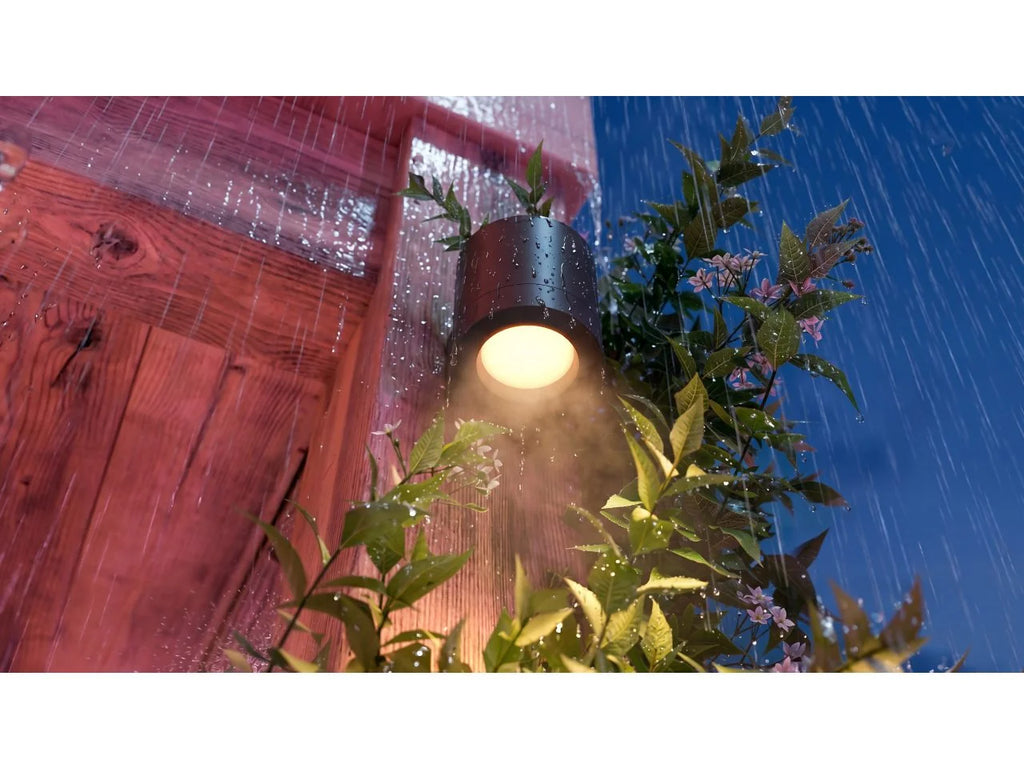 Philips Hue Muscari wall spotlight shining warm white light down a timber wall during a rainstorm, with leafy plants below.