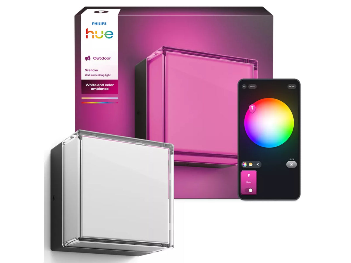 Philips Hue Scenova Wall Light with its box and phone