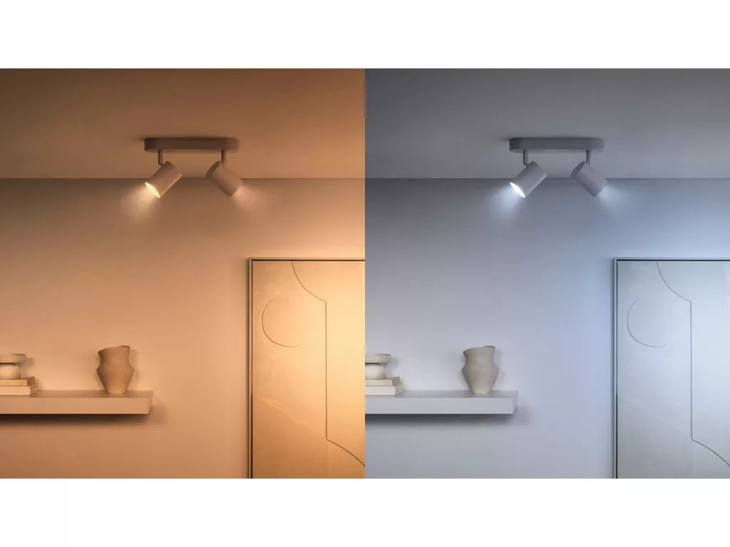 Two ceiling lights on a wall with different color temperatures, one warm and one cool.