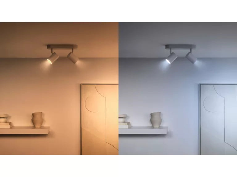 Two ceiling lights on a wall with different color temperatures, one warm and one cool through wiz gu10 globe