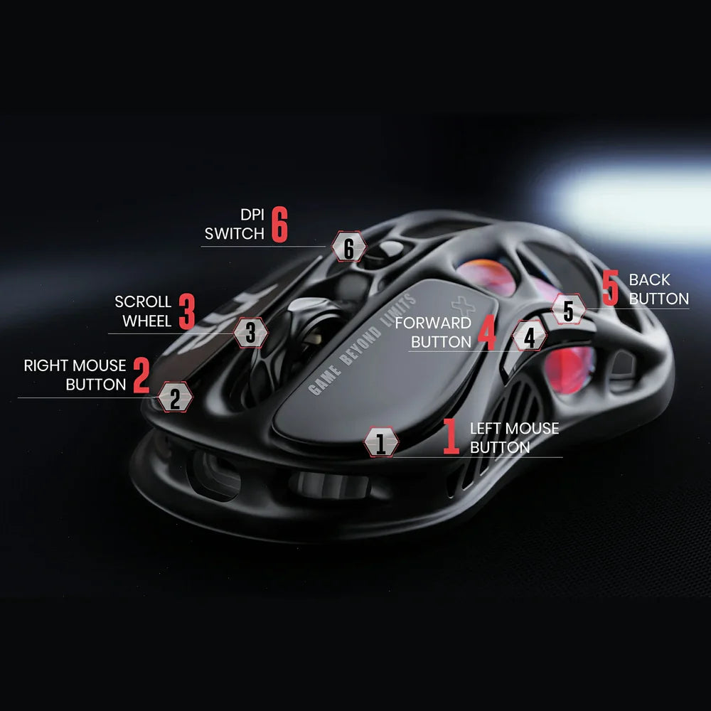 Gaming mouse with labeled buttons on a dark background