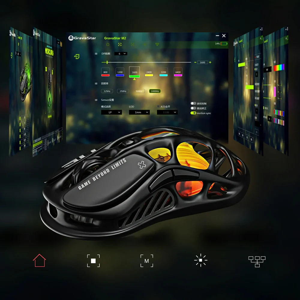 Black gaming mouse with colorful display in the background
