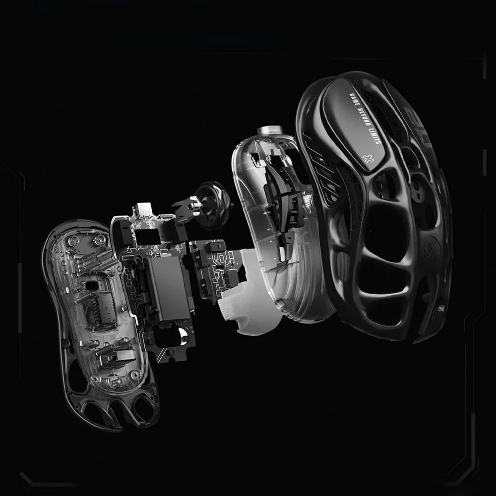 Disassembled GravaStar Mercury M2 - Wireless Gaming Mouse with visible inner workings on a black background