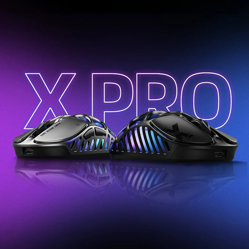 Two gaming mice with RGB lighting on a reflective surface against a purple and blue gradient background with 'X PRO' text.