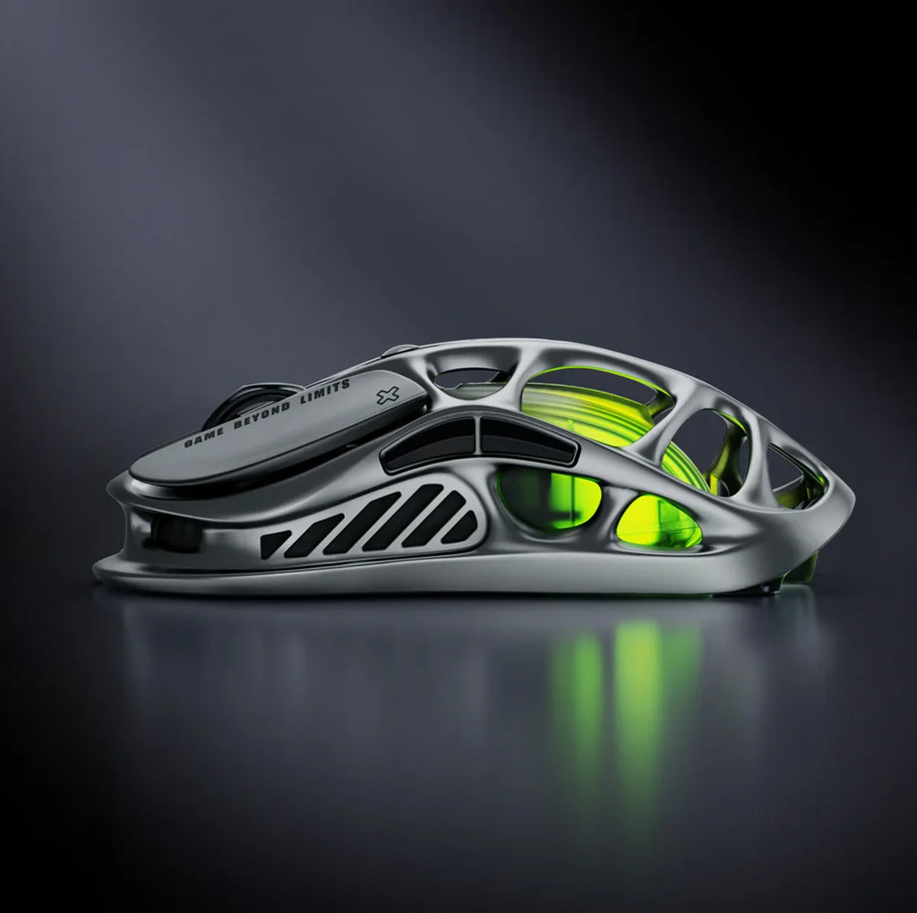 Silver and green mercury mouse on a dark background