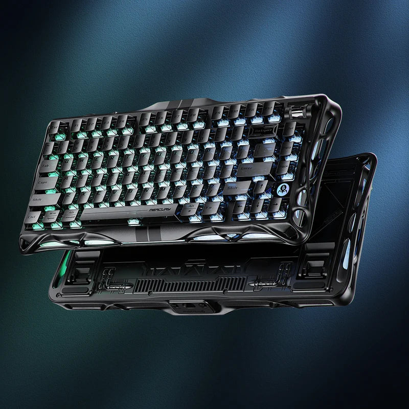 Gaming keyboard with a carrying case on a dark background