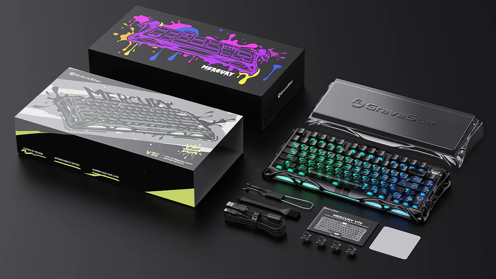 Gaming keyboard with open box and accessories on a dark surface