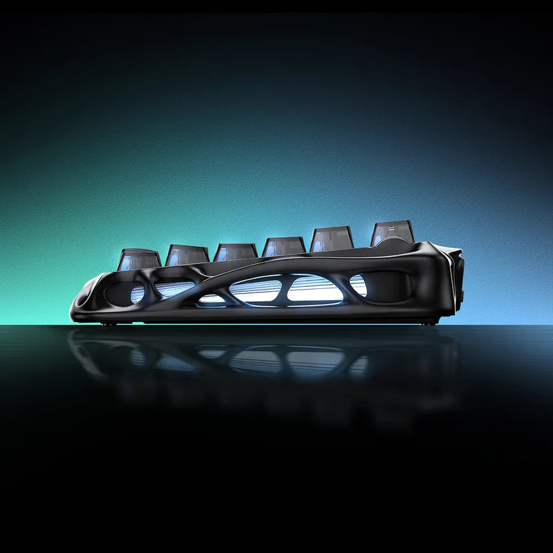 Modern black v75 gravastar gaming keyboard with unique design on a dark background
